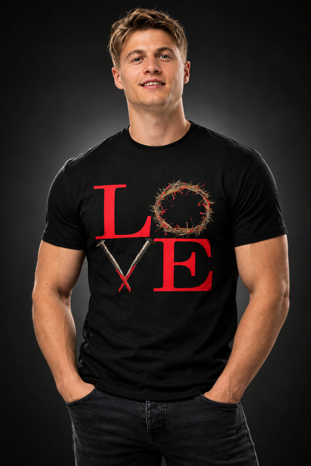 A man wearing a black t-shirt with a red 'LOVE' graphic design on a white background