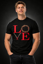 A man wearing a black t-shirt with a red 'LOVE' graphic design on a white background