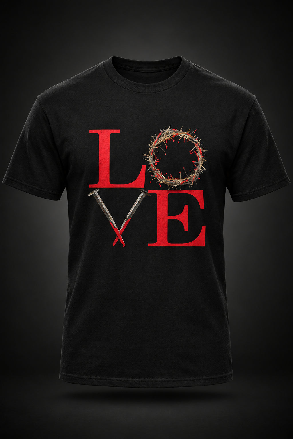 Black t-shirt with 'LOVE' in red and a crown of thorns and nails design on a white background