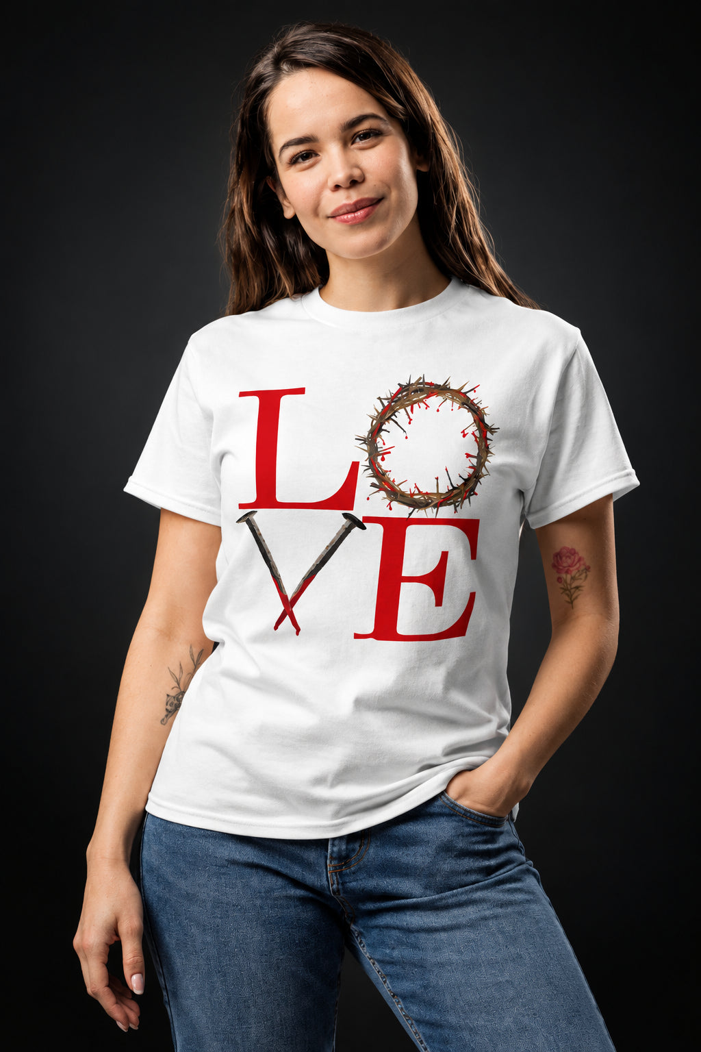A woman wearing a white t-shirt with the word "LOVE" as text on a black background