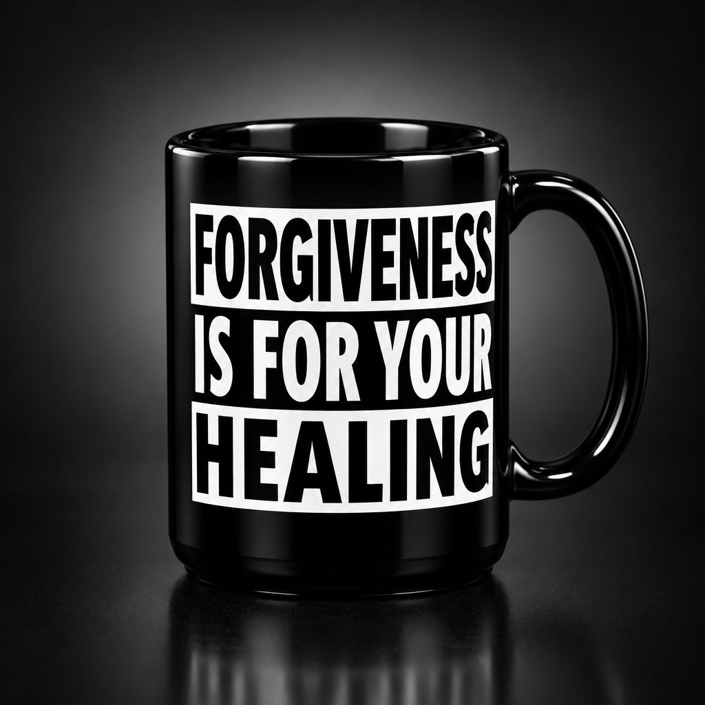 Black mug with motivational text on a white background