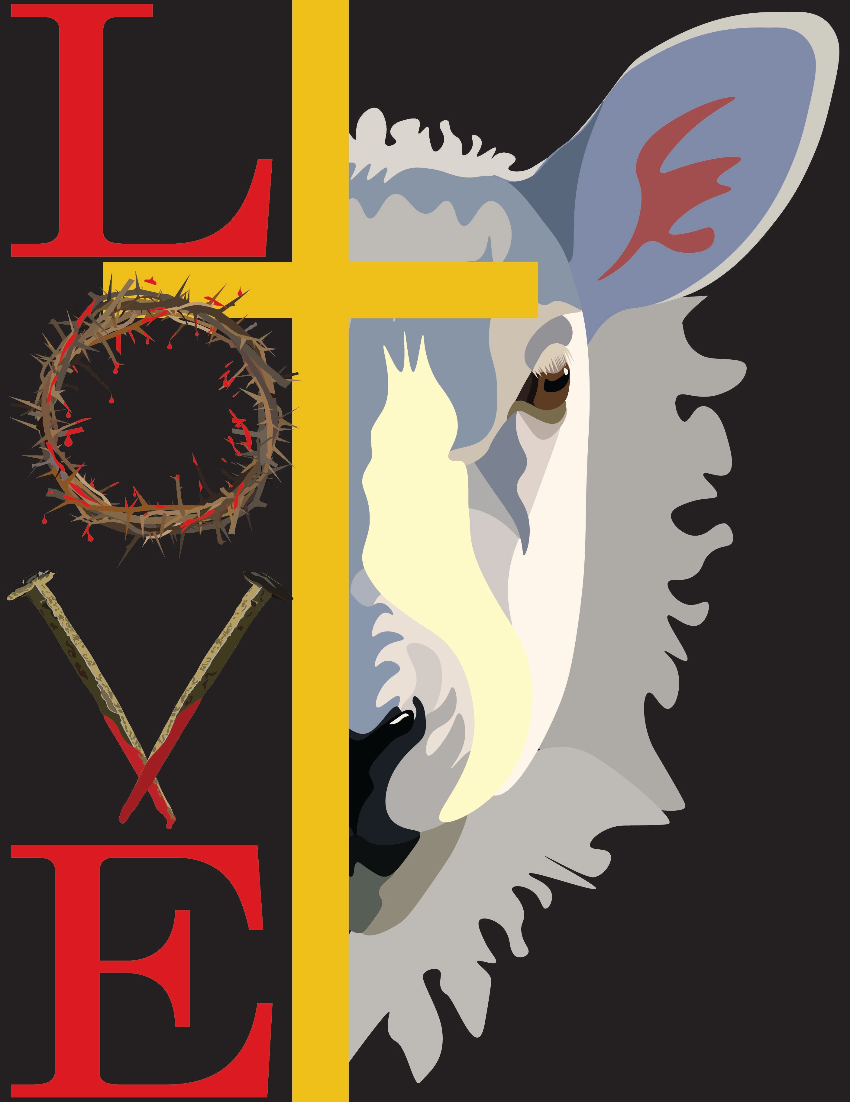 Artistic depiction of a cross with 'LOVE' and a stylized sheep on a black background