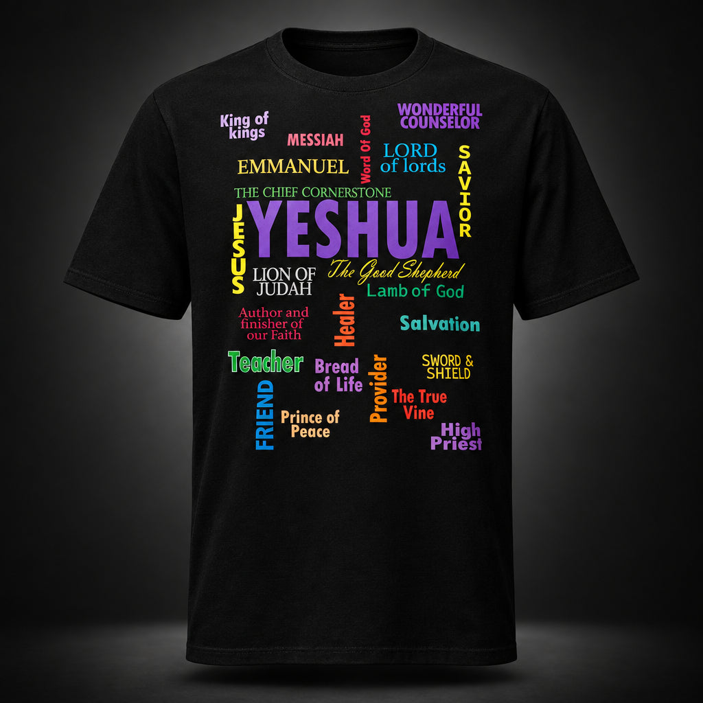 A black short-sleeve T-shirt with a colorful graphic print on the front featuring various titles for Jesus Christ and words in different colors, displayed against a solid white background.